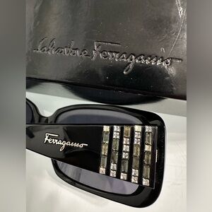 Salvatore Ferragamo Black Crystal Shiny Sunglasses With Case